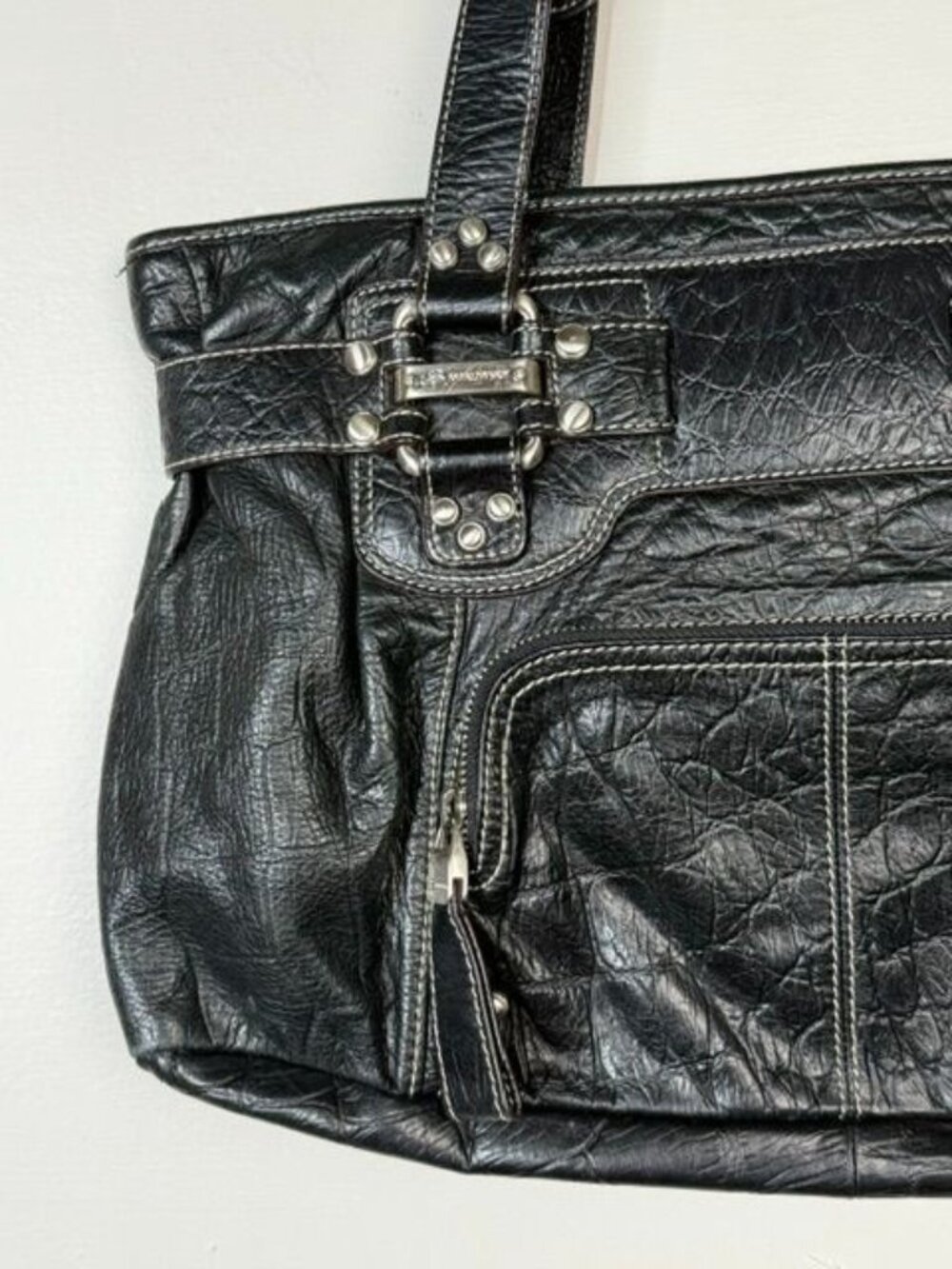 B. Makowsky Black Leather Double Handle Multi Pocket Shoulder Bag Purse - Picture 2 of 7